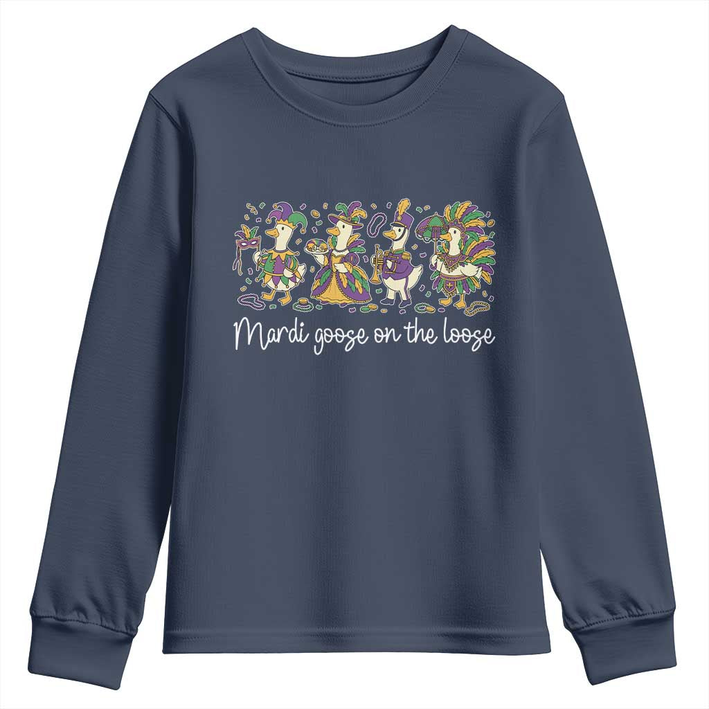 Goose Mardi Gras Youth Sweatshirt Funny Mardi Goose On The Loose New Orleans Carnival TS11 Navy Print Your Wear