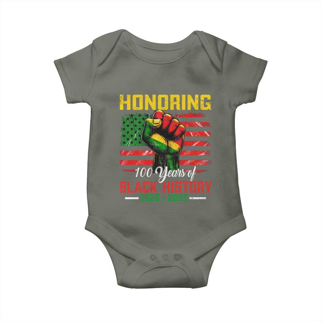 Honoring 100 Years Of Black History Baby Onesie Hand Fist Vintage American Flag TS11 Military Green Print Your Wear