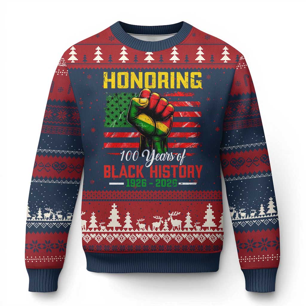 Honoring 100 Years Of Black History Ugly Christmas Sweater Hand Fist Vintage American Flag TS11 Navy Red Print Your Wear