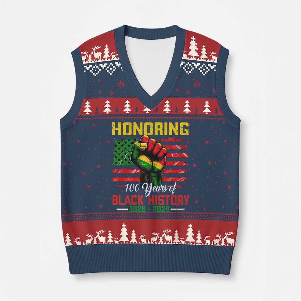 Honoring 100 Years Of Black History V-Neck Knit Sweater Vest Hand Fist Vintage American Flag TS11 Navy Red Print Your Wear