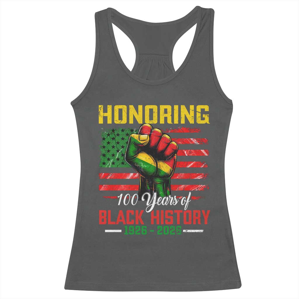 Honoring 100 Years Of Black History Racerback Tank Top Hand Fist Vintage American Flag TS11 Dark Heather Print Your Wear