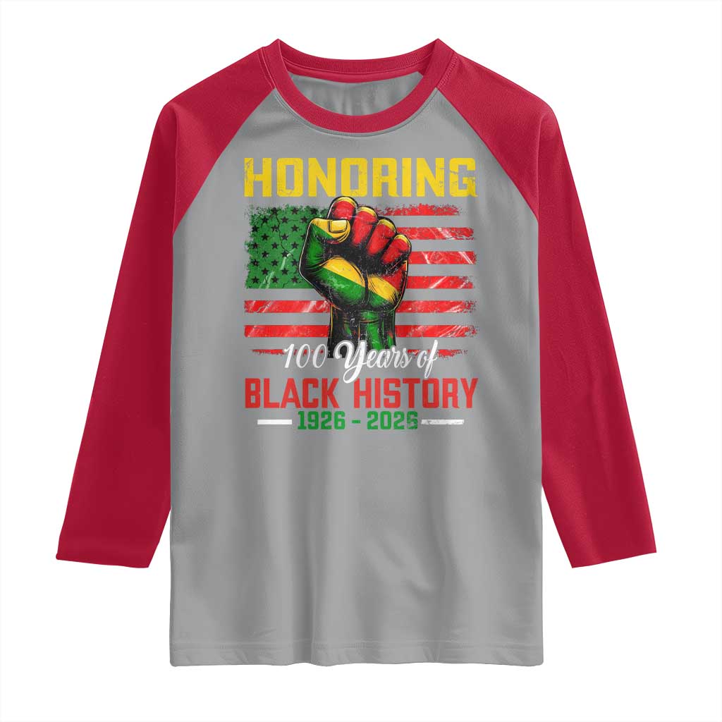 Honoring 100 Years Of Black History Raglan Shirt Hand Fist Vintage American Flag TS11 Sport Gray Red Print Your Wear