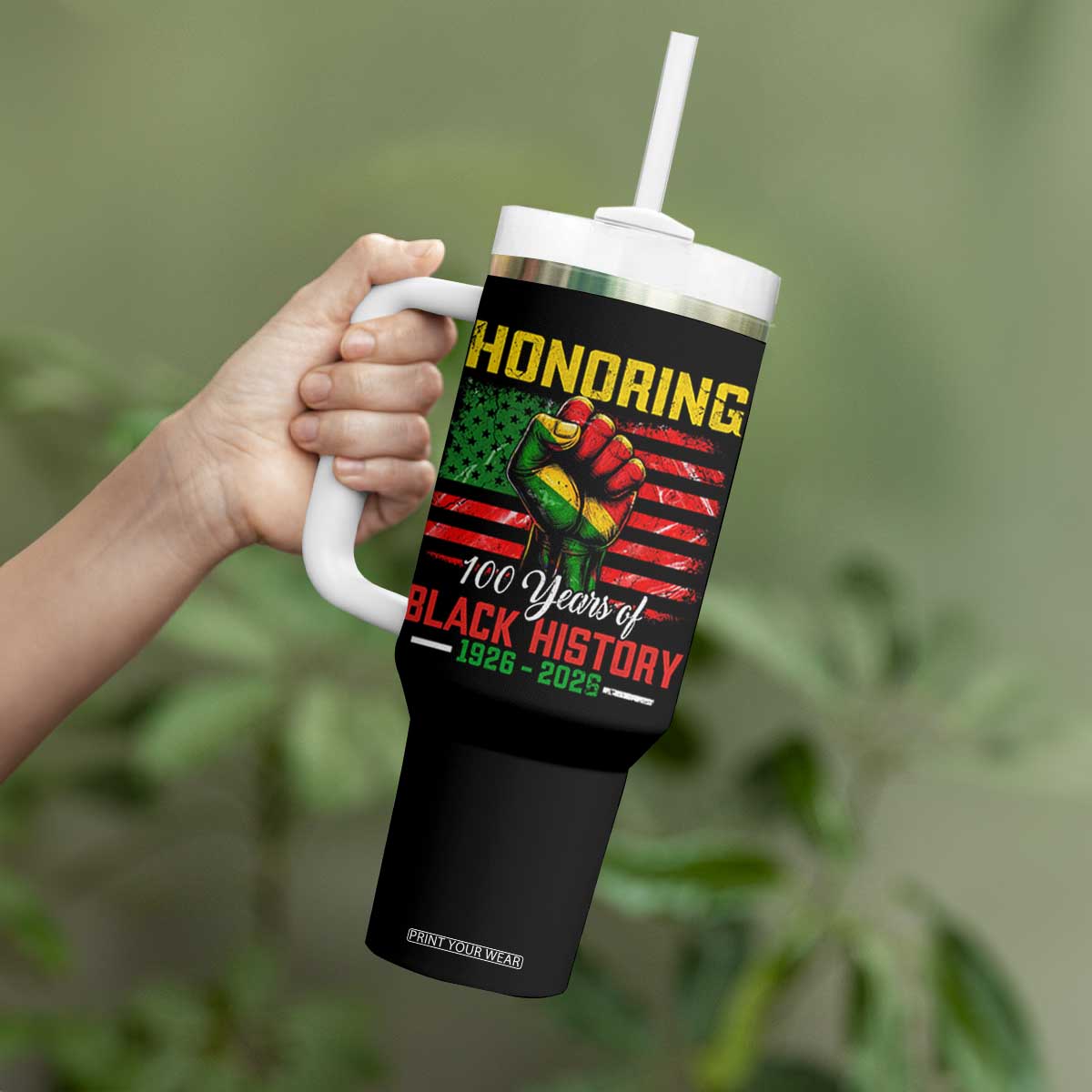 Honoring 100 Years Of Black History Tumbler With Handle Hand Fist Vintage American Flag TS11 Print Your Wear