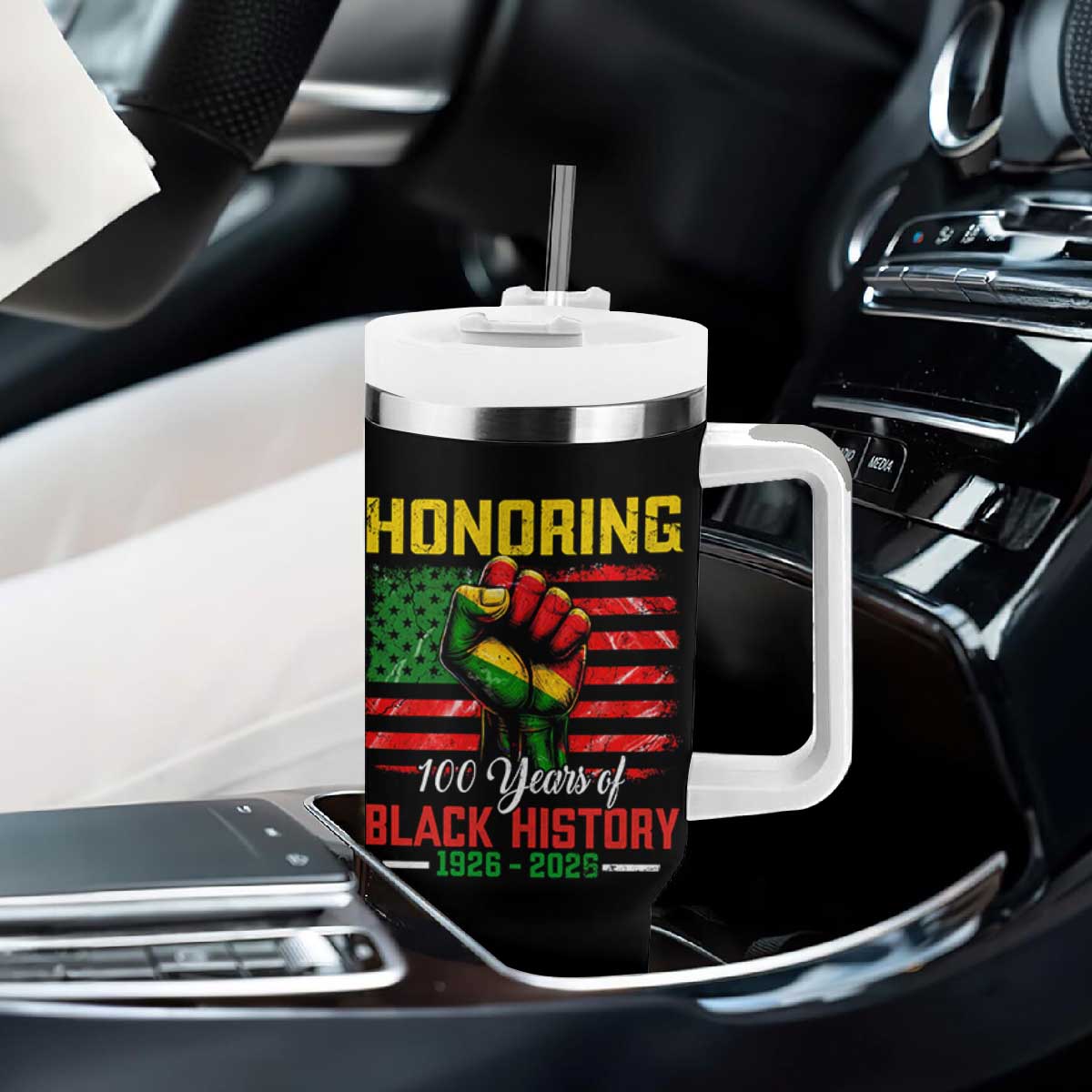 Honoring 100 Years Of Black History Tumbler With Handle Hand Fist Vintage American Flag TS11 Print Your Wear