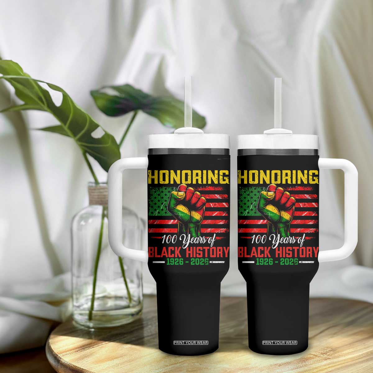 Honoring 100 Years Of Black History Tumbler With Handle Hand Fist Vintage American Flag TS11 Print Your Wear