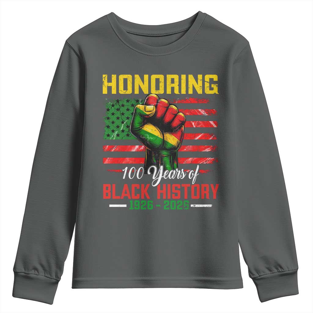 Honoring 100 Years Of Black History Youth Sweatshirt Hand Fist Vintage American Flag TS11 Dark Heather Print Your Wear