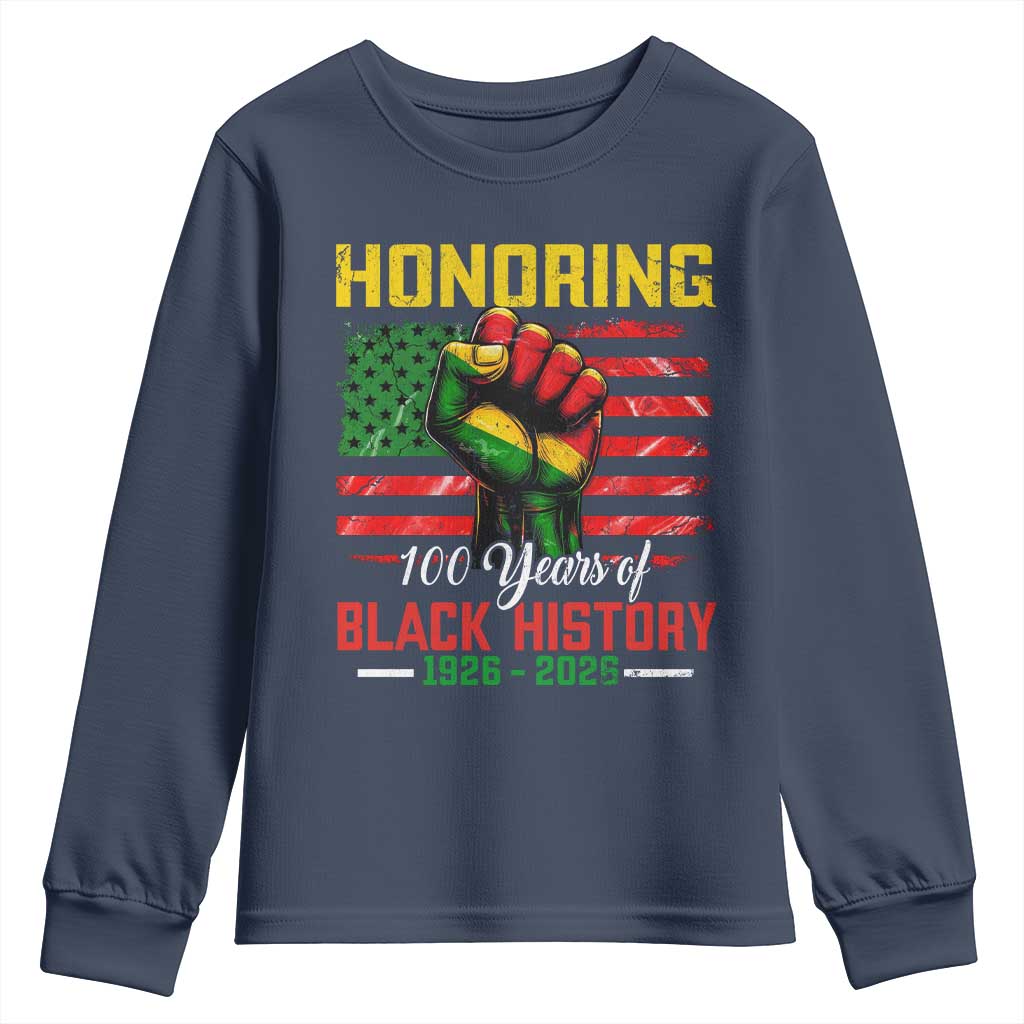 Honoring 100 Years Of Black History Youth Sweatshirt Hand Fist Vintage American Flag TS11 Navy Print Your Wear