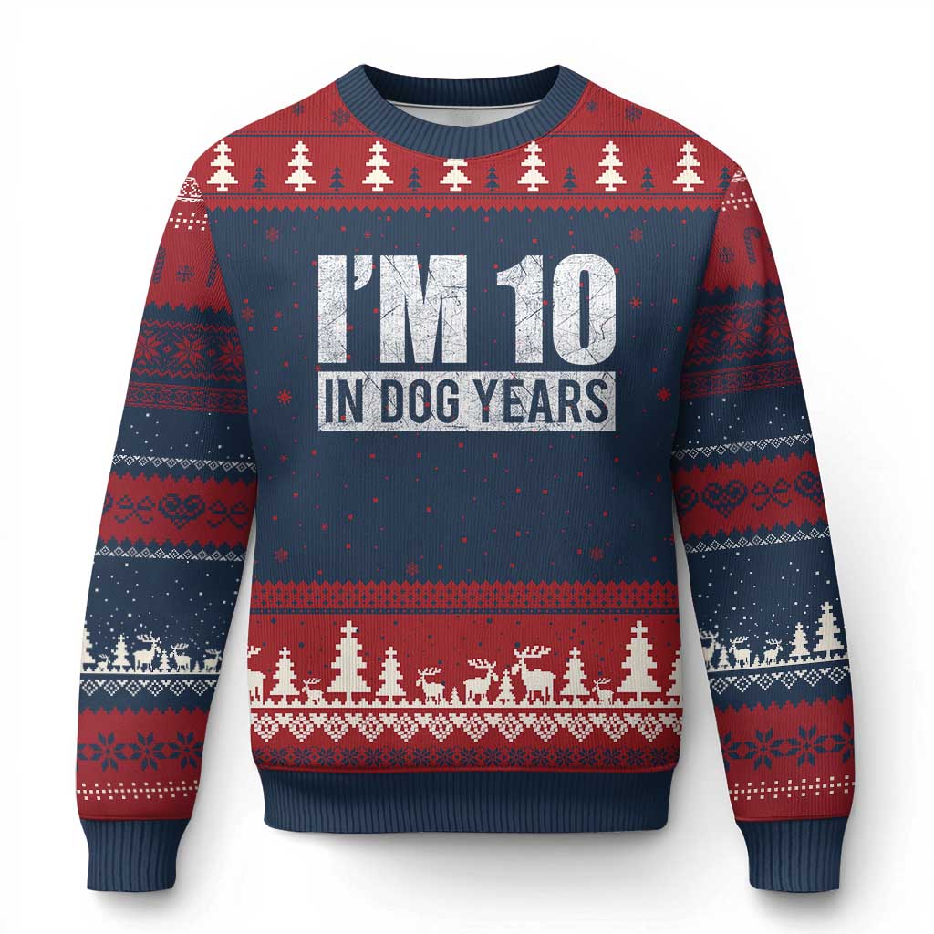 70th Birthday Funny I Am 10 In Dog Years Ugly Christmas Sweater 70 Years Old Gifts TS11 Navy Red Print Your Wear