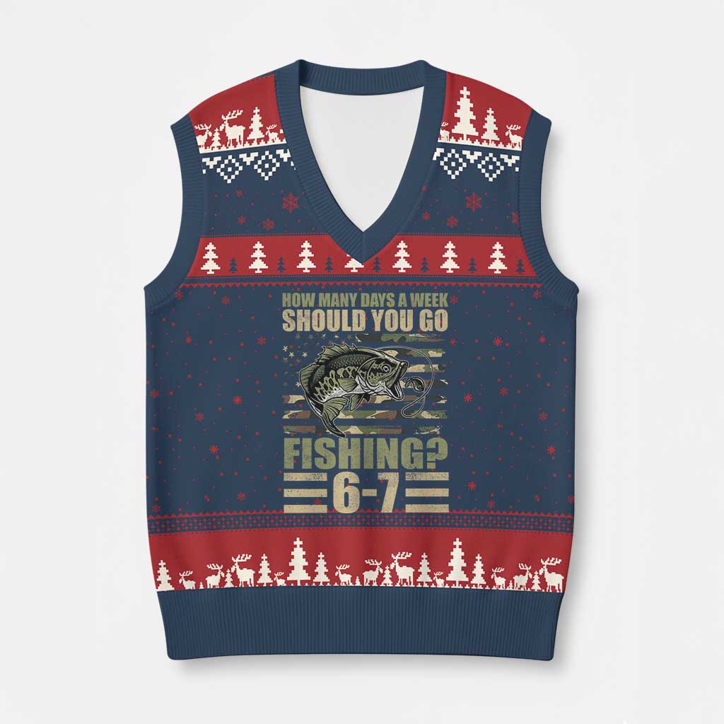 Fishing 67 Meme V-Neck Knit Sweater Vest How Many Days A Week Should You Go Fishing Camo Flag TS11 Navy Red Print Your Wear