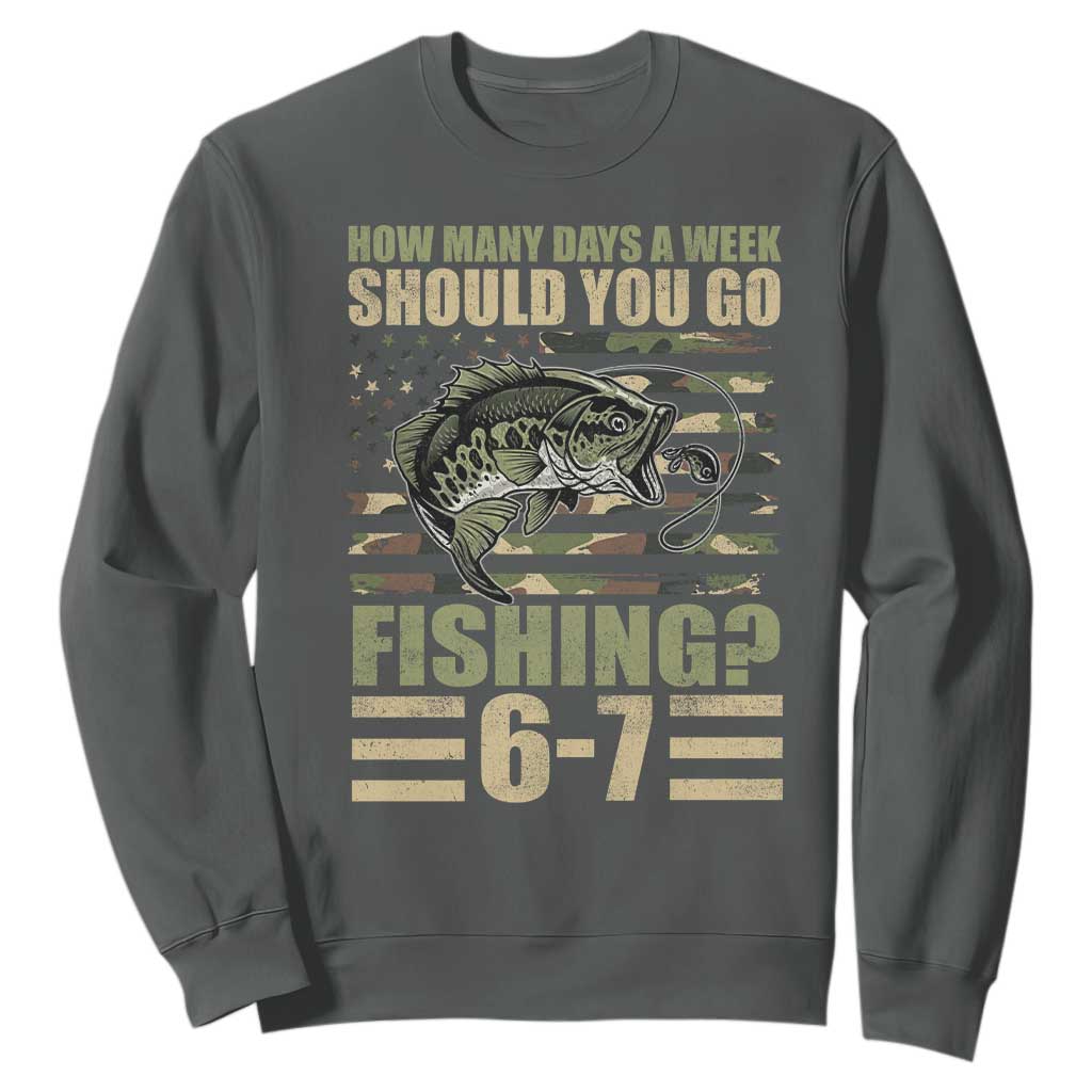 Fishing 67 Meme Sweatshirt How Many Days A Week Should You Go Fishing Camo Flag TS11 Dark Heather Print Your Wear