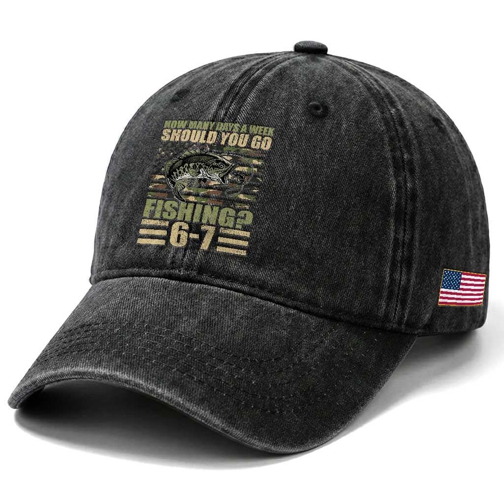 Fishing 67 Meme Washed Cotton Baseball Cap How Many Days A Week Should You Go Fishing Camo Flag TS11 Print Your Wear