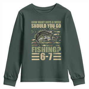 Fishing 67 Meme Youth Sweatshirt How Many Days A Week Should You Go Fishing Camo Flag TS11 Dark Forest Green Print Your Wear