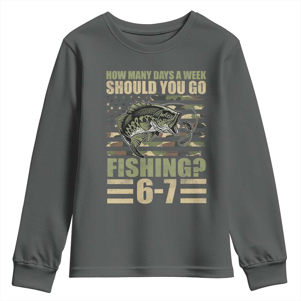 Fishing 67 Meme Youth Sweatshirt How Many Days A Week Should You Go Fishing Camo Flag TS11 Dark Heather Print Your Wear