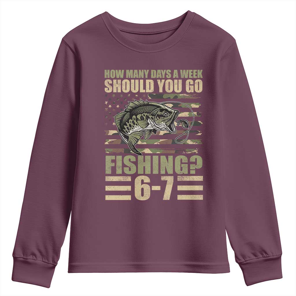 Fishing 67 Meme Youth Sweatshirt How Many Days A Week Should You Go Fishing Camo Flag TS11 Maroon Print Your Wear