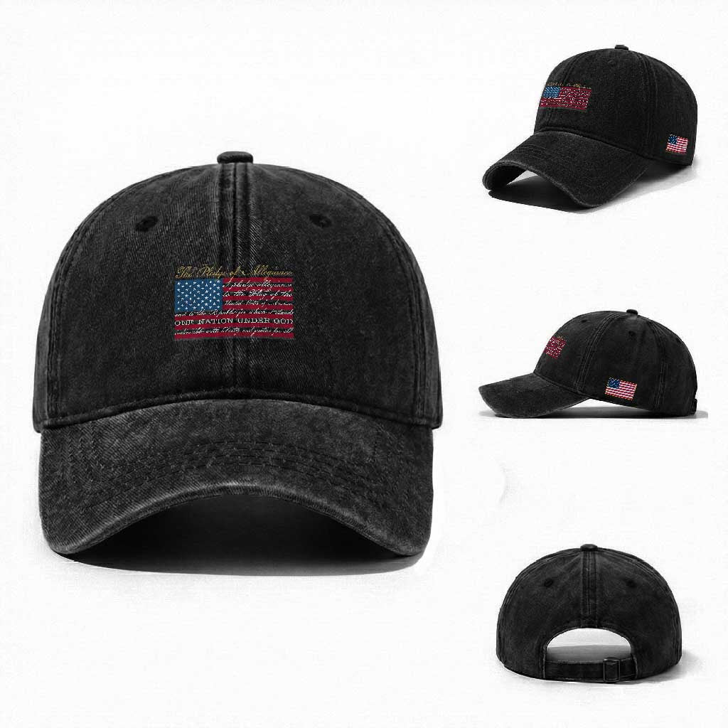 The Pledge of Allegiance Washed Cotton Baseball Cap US Military Veteran Patriotic American Flag TS11 Washed Cap Universal Fit Black Print Your Wear