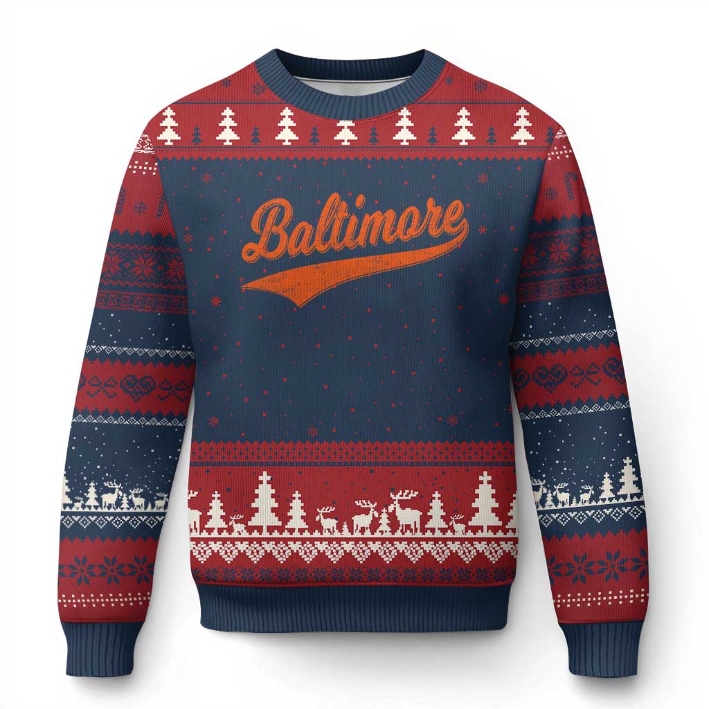 Baltimore Script Retro Baseball Sport Lovers City Pride Ugly Christmas Sweater TS11 Navy Red Print Your Wear