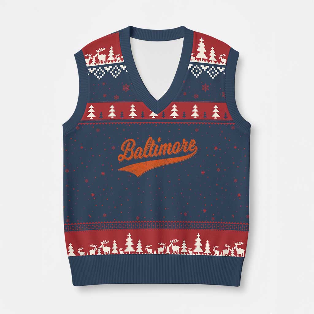 Baltimore Script Retro Baseball Sport Lovers City Pride V-Neck Knit Sweater Vest TS11 Navy Red Print Your Wear