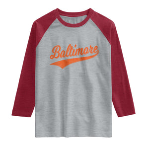 Baltimore Script Retro Baseball Sport Lovers City Pride Raglan Shirt TS11 Heather Gray Heather Red Print Your Wear