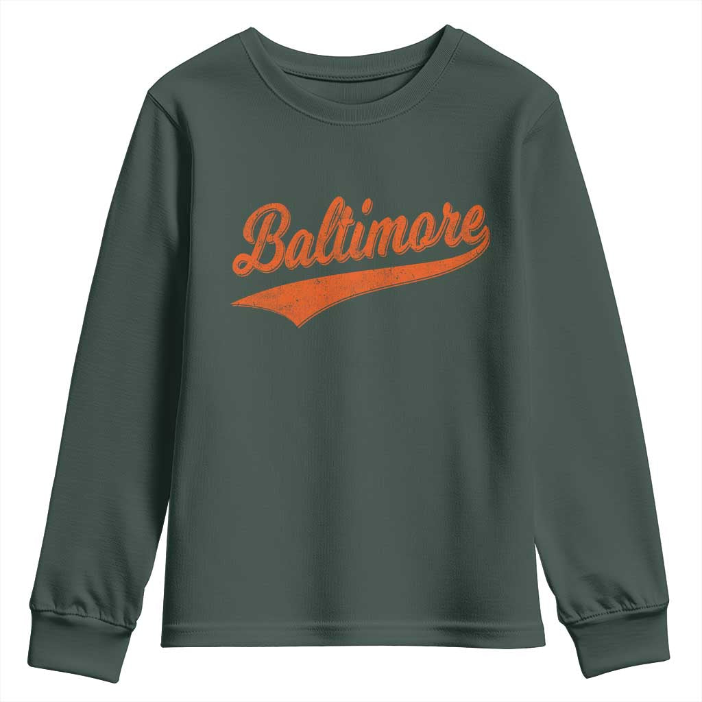 Baltimore Script Retro Baseball Sport Lovers City Pride Youth Sweatshirt TS11 Dark Forest Green Print Your Wear
