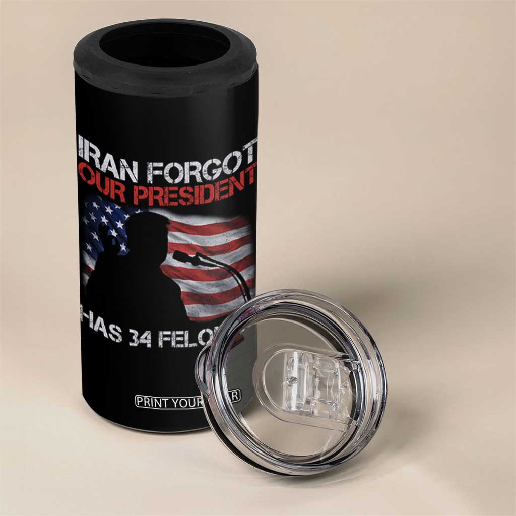 Iran Forgot Our President Has 34 Felonies 4 in 1 Can Cooler Tumbler Funny Political Satire Vintage American Flag TS11 Print Your Wear