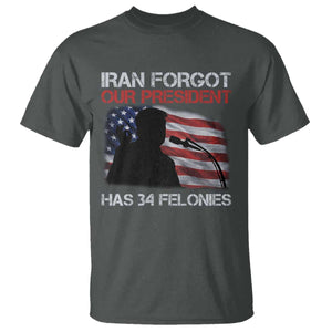 Iran Forgot Our President Has 34 Felonies T Shirt Funny Political Satire Vintage American Flag TS11 Dark Heather Print Your Wear