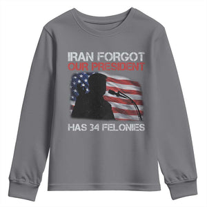 Iran Forgot Our President Has 34 Felonies Youth Sweatshirt Funny Political Satire Vintage American Flag TS11 Charcoal Print Your Wear