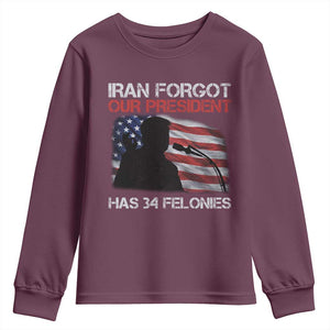 Iran Forgot Our President Has 34 Felonies Youth Sweatshirt Funny Political Satire Vintage American Flag TS11 Maroon Print Your Wear