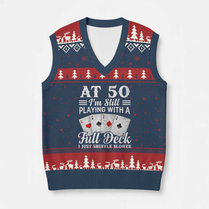 50th Birthday Poker Lover V-Neck Knit Sweater Vest At 50 I Am Still Playing With A Full Deck I Just Shuffle Slower TS11 Navy Red Print Your Wear