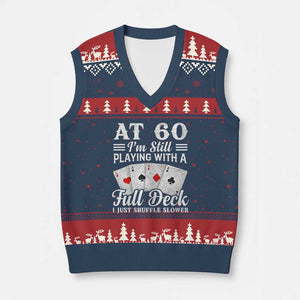 60th Birthday Poker Lover V-Neck Knit Sweater Vest At 60 I Am Still Playing With A Full Deck I Just Shuffle Slower TS11 Navy Red Print Your Wear