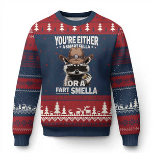 Funny You're Either A Smart Fella Or A Fart Smella Ugly Christmas Sweater Cowboy Racoon - Print Your Wear