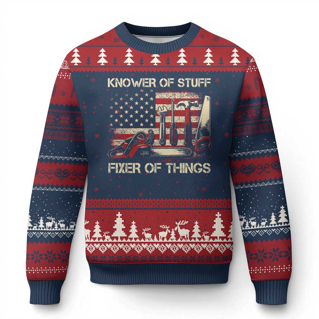 Knower Of Stuff Fixer Of Things Ugly Christmas Sweater Funny Handyman Fathers Day American Flag TS11 Navy Red Print Your Wear