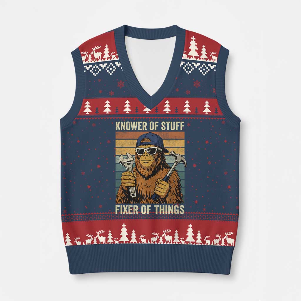 Knower Of Stuff Fixer Of Things V-Neck Knit Sweater Vest Mechanic Bigfoot Dad TS11 Navy Red Print Your Wear