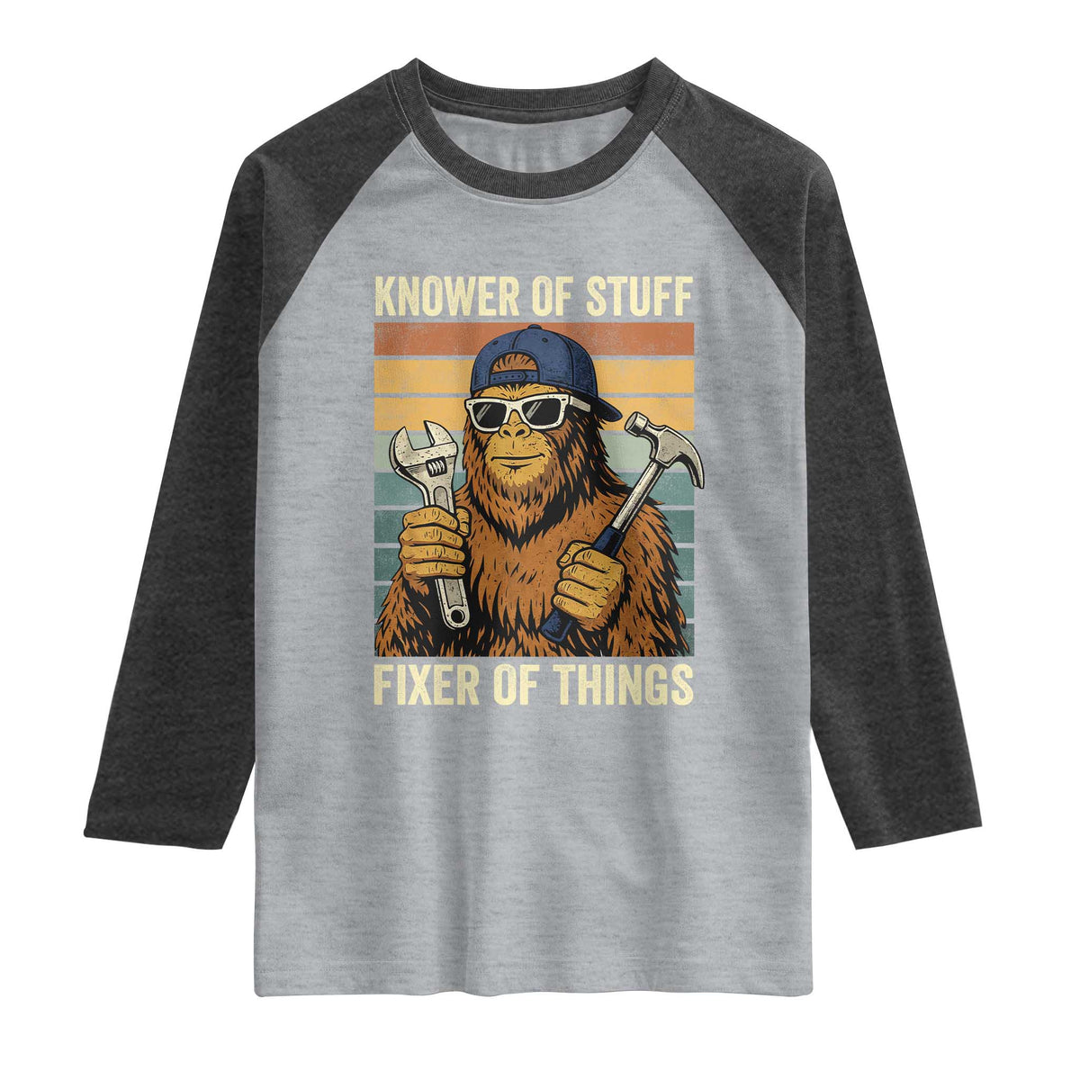 Knower Of Stuff Fixer Of Things Raglan Shirt Mechanic Bigfoot Dad TS11 Heather Gray Heather Charcoal Print Your Wear