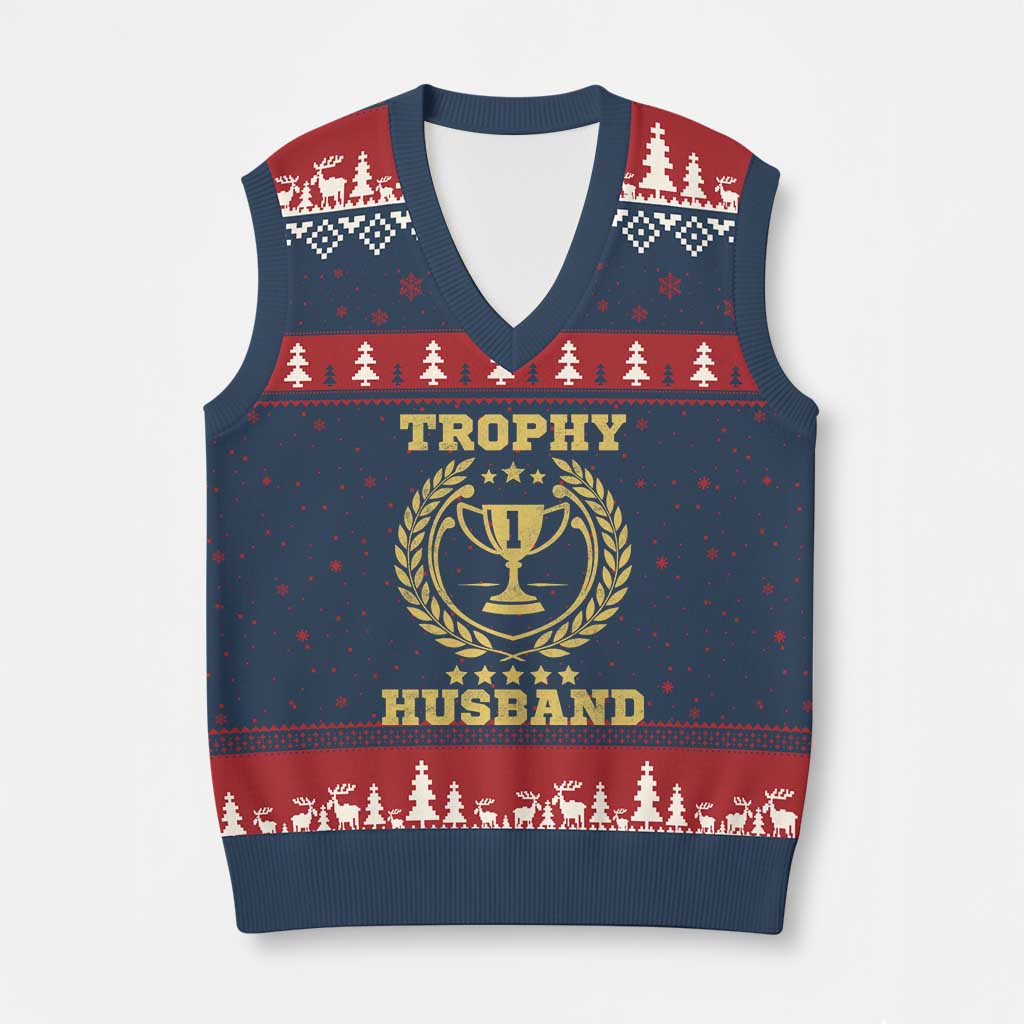 Trophy Husband V-Neck Knit Sweater Vest Funny Hubby Groom Humor Marriage Anniversary TS11 Navy Red Print Your Wear