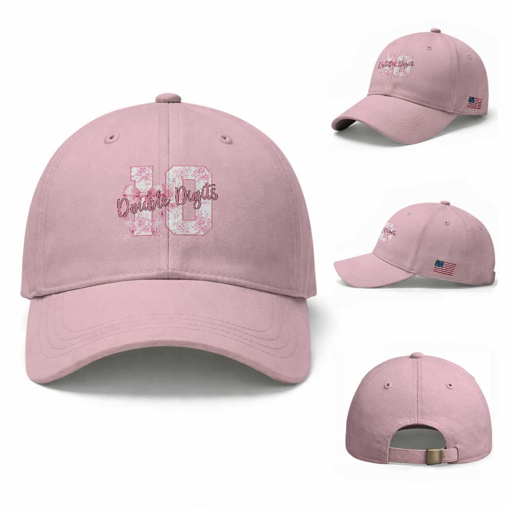 10th Birthday Baseball Cap Double Digits Pink Coquette Bow 10 Year Old Aesthetic TS11 Baseball Cap Universal Fit Light Pink Print Your Wear