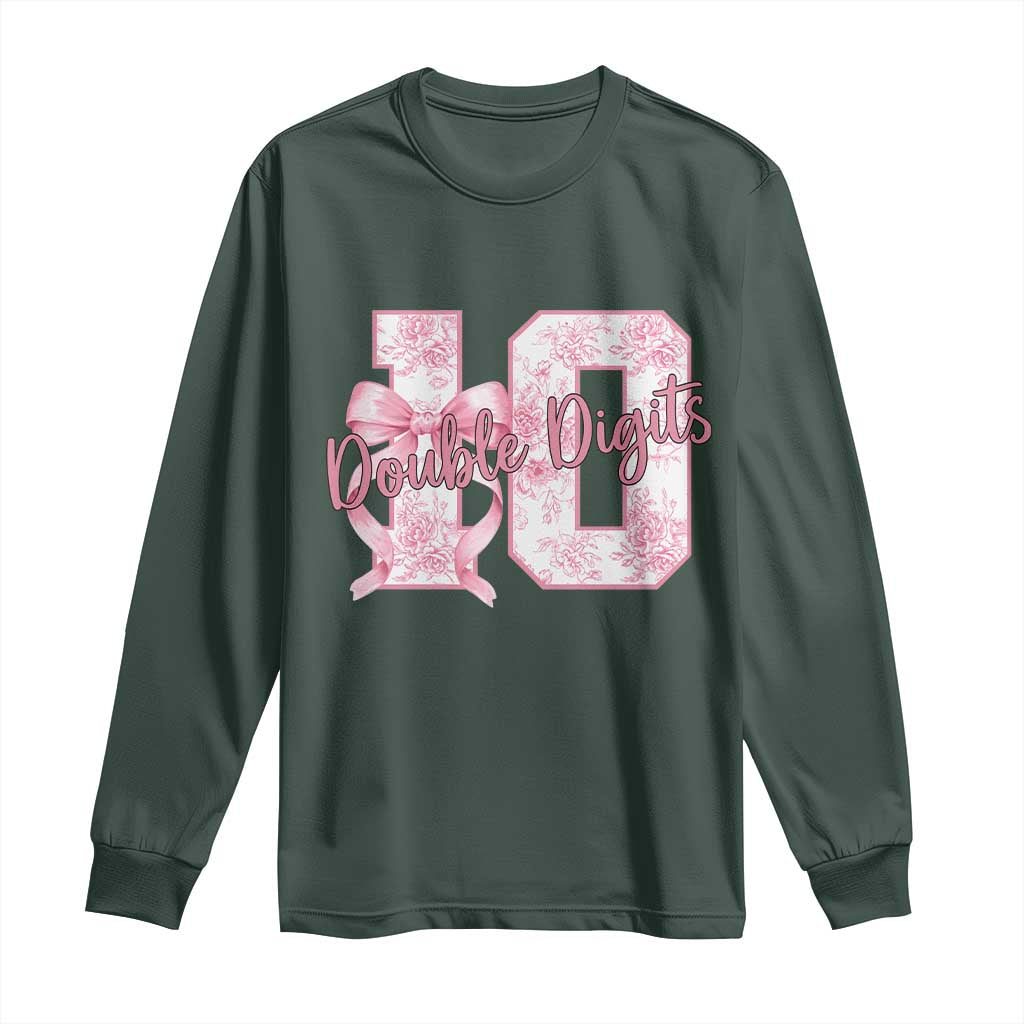 10th Birthday Long Sleeve Shirt Double Digits Pink Coquette Bow 10 Year Old Aesthetic TS11 Dark Forest Green Print Your Wear