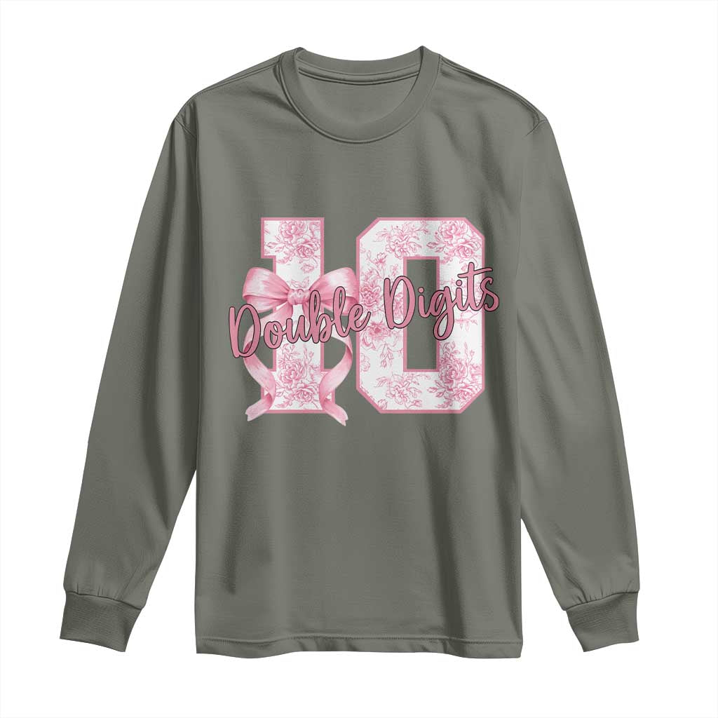 10th Birthday Long Sleeve Shirt Double Digits Pink Coquette Bow 10 Year Old Aesthetic TS11 Military Green Print Your Wear