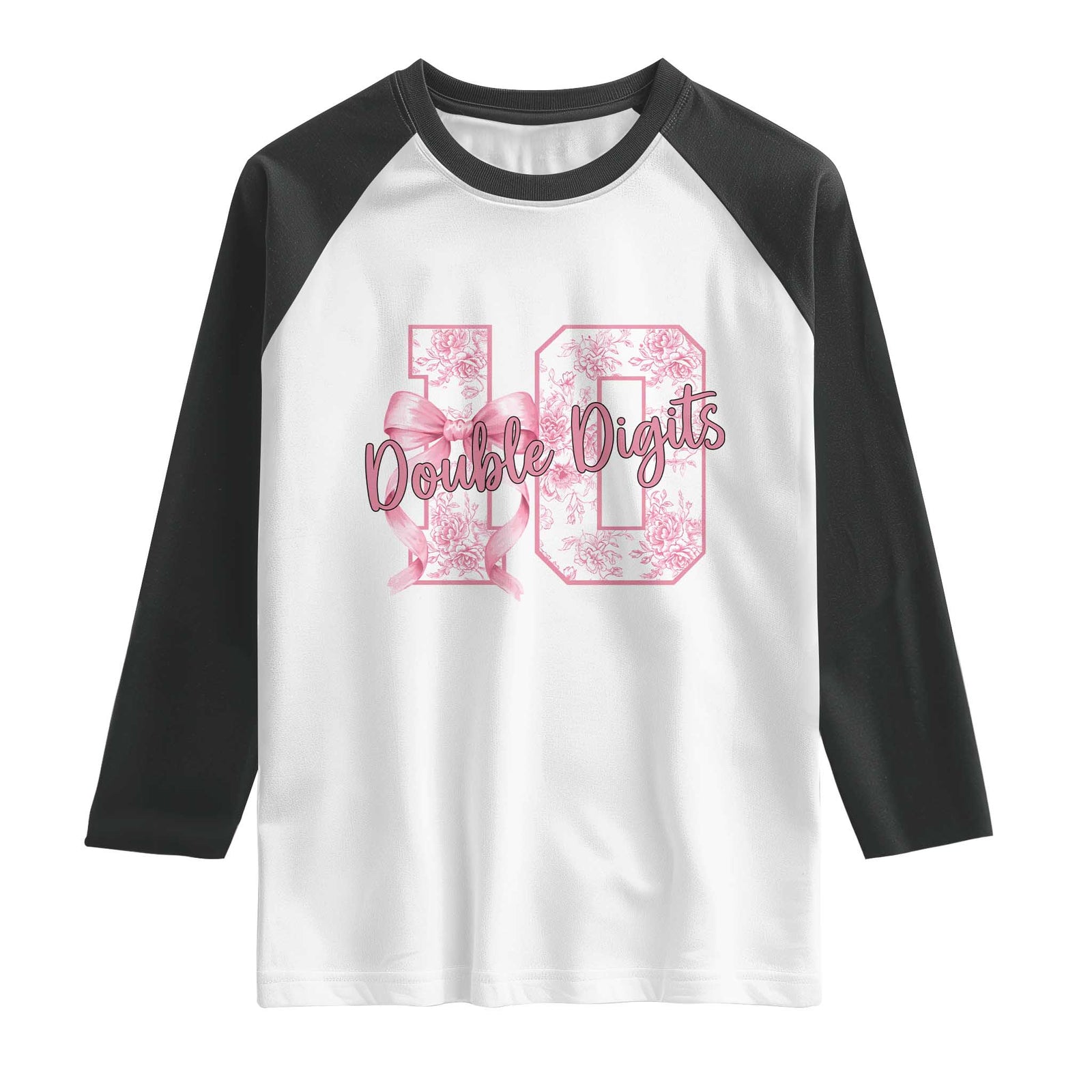10th Birthday Raglan Shirt Double Digits Pink Coquette Bow 10 Year Old Aesthetic TS11 White Black Print Your Wear