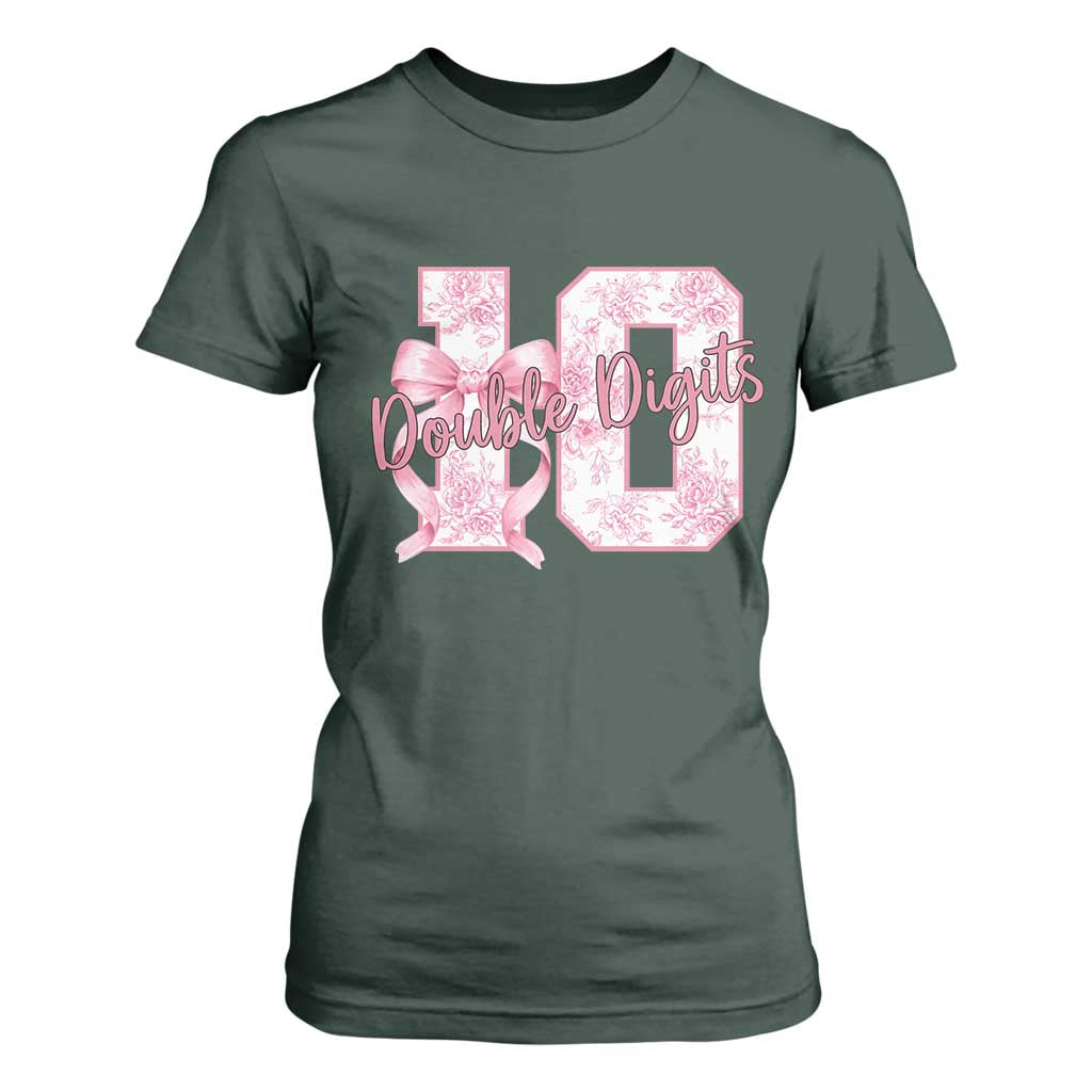 10th Birthday T Shirt For Women Double Digits Pink Coquette Bow 10 Year Old Aesthetic TS11 Dark Forest Green Print Your Wear