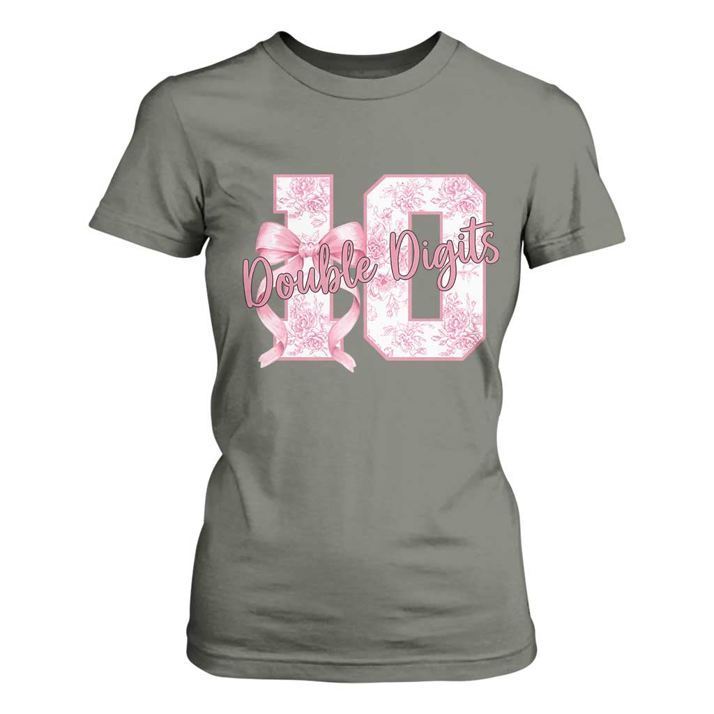 10th Birthday T Shirt For Women Double Digits Pink Coquette Bow 10 Year Old Aesthetic TS11 Military Green Print Your Wear