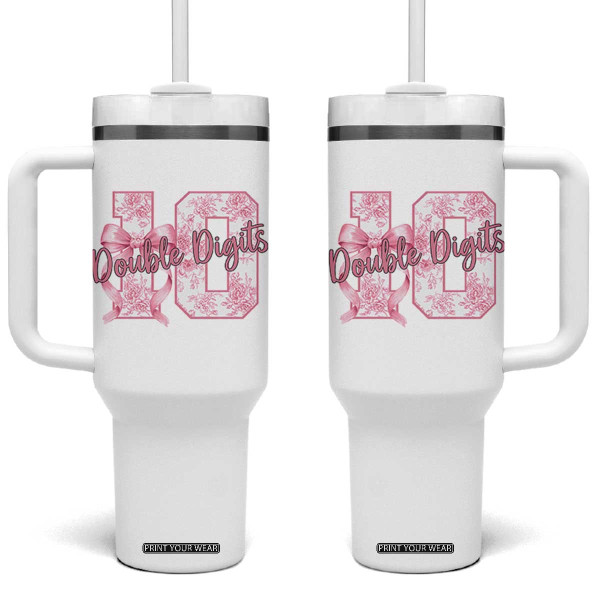 10th Birthday Tumbler With Handle Double Digits Pink Coquette Bow 10 Year Old Aesthetic TS11 One Size: 40 oz White Print Your Wear
