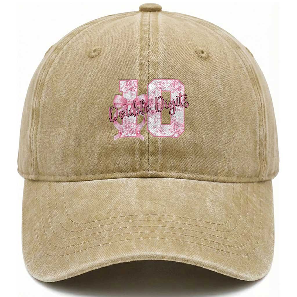 10th Birthday Washed Cotton Baseball Cap Double Digits Pink Coquette Bow 10 Year Old Aesthetic TS11 Print Your Wear
