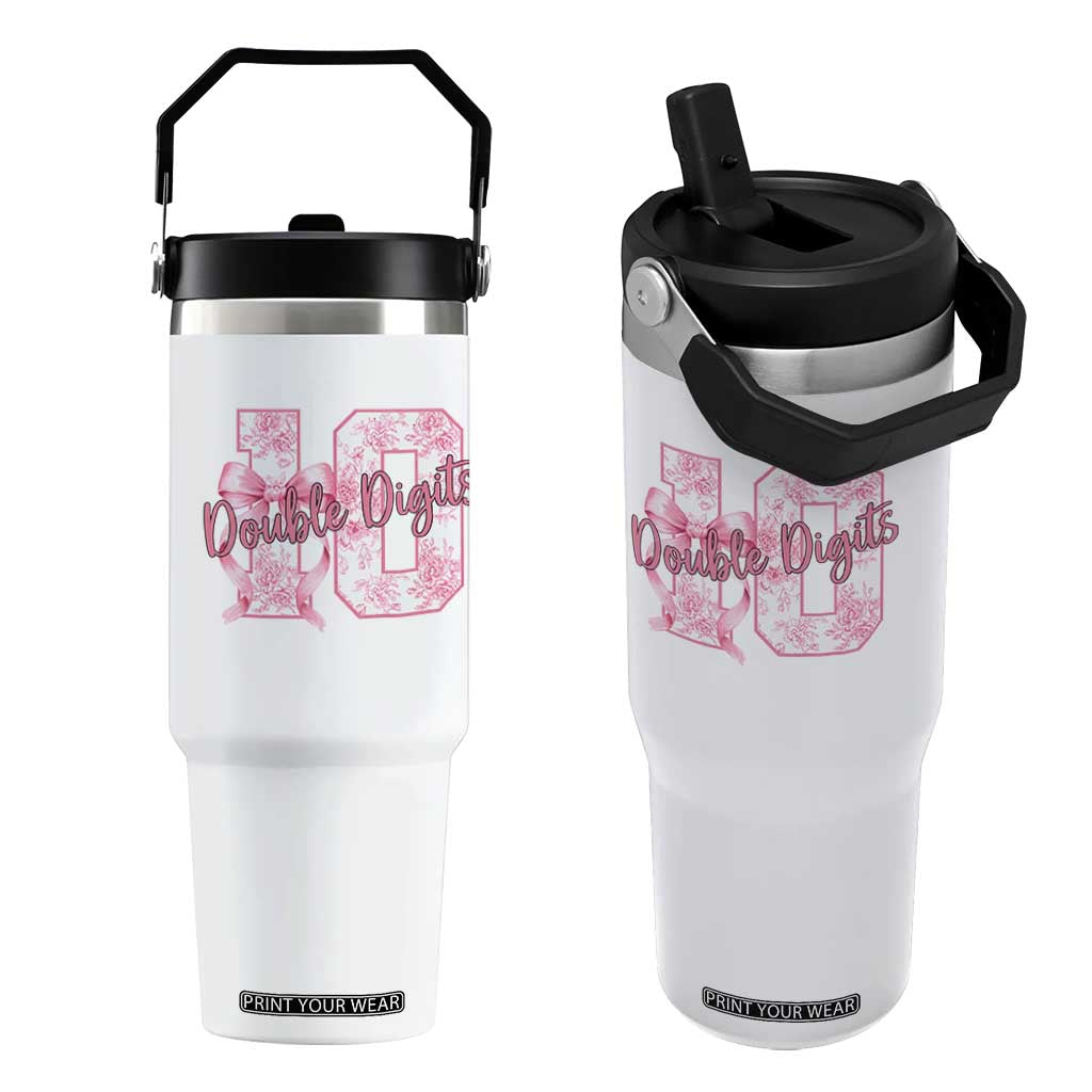 10th Birthday Flip Straw Tumbler Double Digits Pink Coquette Bow 10 Year Old Aesthetic TS11 One Size: 30 oz White Print Your Wear