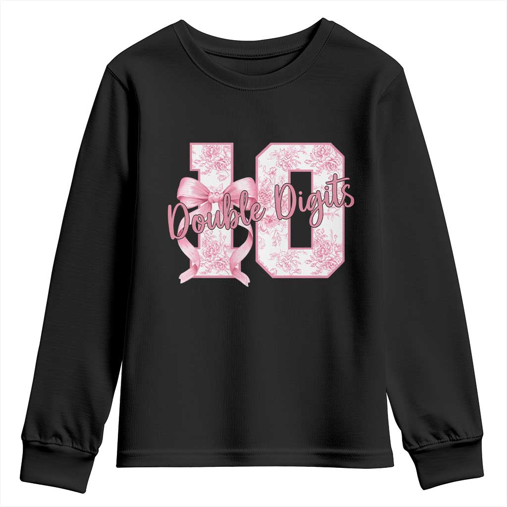 10th Birthday Youth Sweatshirt Double Digits Pink Coquette Bow 10 Year Old Aesthetic TS11 Black Print Your Wear