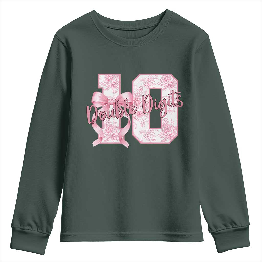 10th Birthday Youth Sweatshirt Double Digits Pink Coquette Bow 10 Year Old Aesthetic TS11 Dark Forest Green Print Your Wear