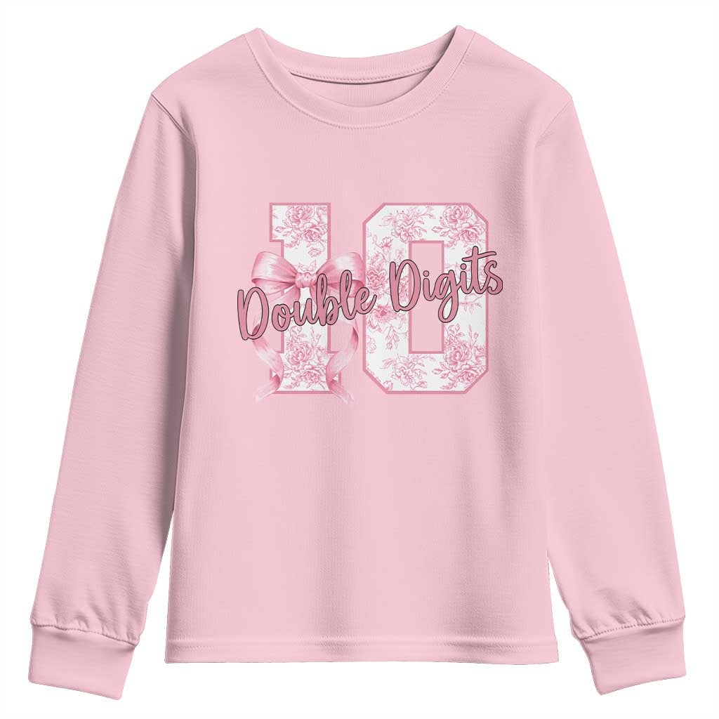 10th Birthday Youth Sweatshirt Double Digits Pink Coquette Bow 10 Year Old Aesthetic TS11 Light Pink Print Your Wear