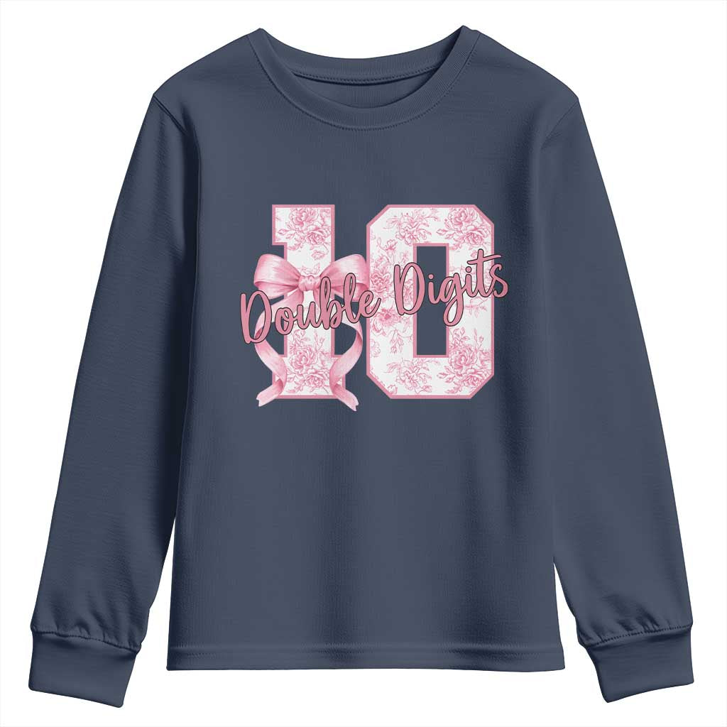 10th Birthday Youth Sweatshirt Double Digits Pink Coquette Bow 10 Year Old Aesthetic TS11 Navy Print Your Wear