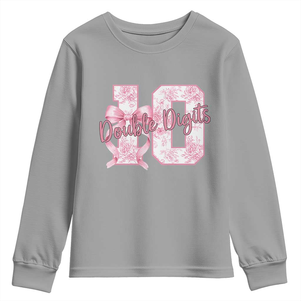 10th Birthday Youth Sweatshirt Double Digits Pink Coquette Bow 10 Year Old Aesthetic TS11 Sport Gray Print Your Wear