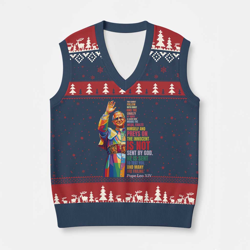 Pope Leo XIV No Kings V-Neck Knit Sweater Vest You Cannot Follow Both Christ And The Cruelty Of Kings TS11 Navy Red Print Your Wear