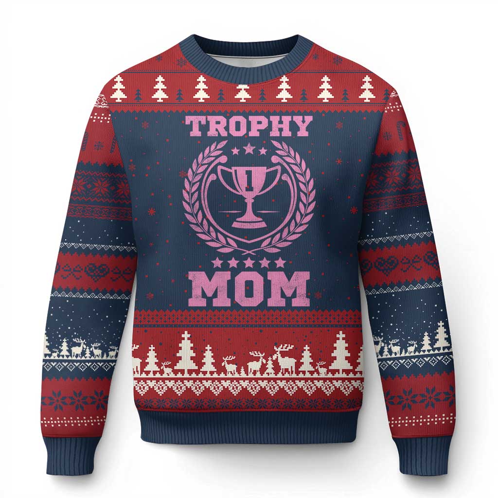 Trophy Mom Ugly Christmas Sweater Number One Mama Funny Mother's Day TS11 Navy Red Print Your Wear